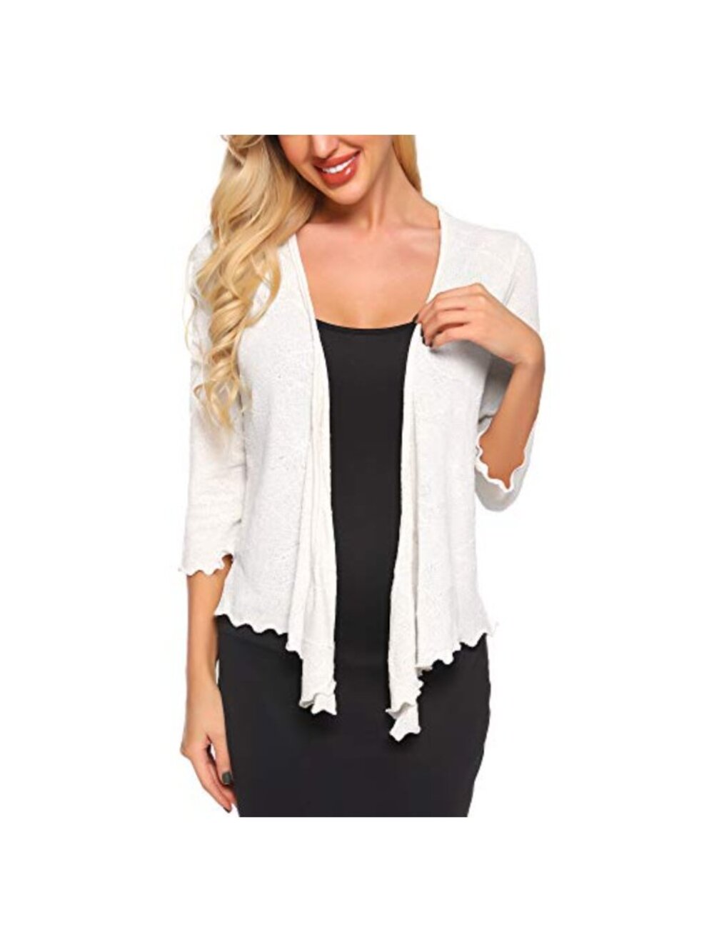 Sheer Shrug Bolero Cardigan with 3/4 Lace Sleeves Tie Knot Front Lightweight